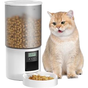 POOEKEN Distributore Automatico Cibo Gatti: Dispenser Crocchette Gatto con 10S Registrazione - Dosatore Crocchette per Cani con Orari di Mangiatoia Personalizzati 1-6 Pasti al Giorno Timer Bianco 6L