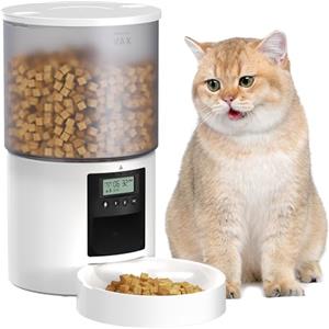 POOEKEN Distributore Automatico Cibo Gatti: Dispenser Crocchette Gatto con 10S Registrazione - Dosatore Crocchette per Cani con Orari di Mangiatoia Personalizzati 1-6 Pasti al Giorno Timer Bianco