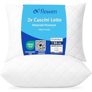 Flowen Cuscini Letto Coppia di Guanciali 48x74 per Dormire Imbottitura Standard Antiacaro Anallergico Traspirante Rettangolare per Matrimoniale Singolo con Federa in Poliestere Lavabile