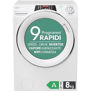 Candy RapidÓ RO 1486DWMCT1-S, Lavatrice a carica frontale, 8 KG, Classe A, 1400 giri, 76 dB, Cicli Rapidi, Vapore, 16 programmi, Bianco, AxLxP 85x60x53 cm