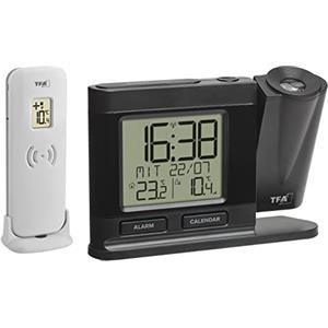 TFA Dostmann sveglia con proiettore soffitto, 60.5018.01, con trasmettitore da esterno, digitale, con alimentatore, proiezione 270°, oscurabile, orologio da camera, nero