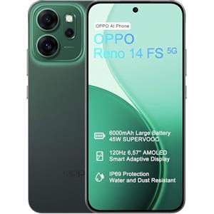 OPPO Reno14 FS 5G 12+512GB Smartphone, IA Android Telefono, Schermo AMOLED 6,57" a 120Hz, Fotocamera AI 50MP, Batteria 6000mAh, SUPERVOOC 45W, Snapdragon 6 Gen 1, IP69, Video 4K, NFC, Dual SIM, Verde