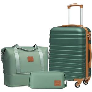COOLIFE Set Valigie, Valigia Trolley Set di 3 Pezzi Valige rigide per Viaggiare con TSA Serratura 1 borsa da viaggio e 1 trousse da toilette, Albicocca/Verde Scuro, Set di valigie 3pzs (20")