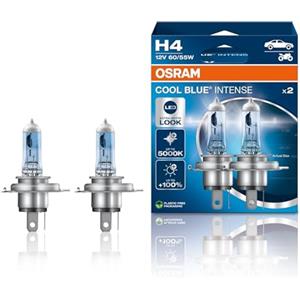 OSRAM COOL BLUE INTENSE H4, +100% luminosa, fino a 5000K, lampada alogena, look LED, duo box (2 lampade)