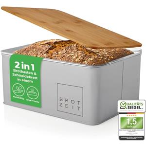 Lumaland Cuisine Cestino per il pane | Scatola per il pane in metallo con coperchio in bambù | Scatola per il pane rettangolare 30,5 x 23,5 x 14cm | 2in1 Cestino per il pane e tagliere [Grigio chiaro]