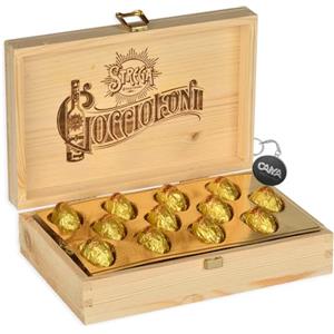 CAIYA Strega Goccioloni Scrigno in Legno con Cioccolatini Fondenti Ripieni di Liquore Strega 310g con Portachiavi CAIYA®