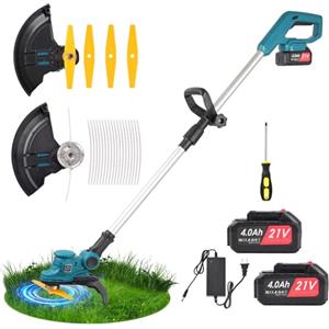 Nexalite Decespugliatore a Batteria 21V, Tagliabordi Elettrico con 2 Batterie 4.0Ah, Testa Regolabile 90°, 20 Filo da Taglio,4 Lame in Plastica, Tagliaerba a Batteria per Giardino
