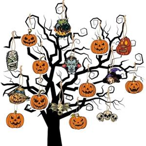 Tashce Set di decorazioni per Halloween, 16 pezzi, decorazione con zucche, streghe e vampiri, decorazioni di carta sostenibili da appendere per albero, feste e casa, facile da montare con nastri per