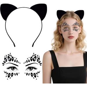 YUYWWAN Set di Cerchietto Diavolo Corna da Donna, Corna da Diavolo Rosse e Epietre Glitterate Adesivi Viso, Accessori Costume per Bambini e Adulti Cosplay Halloween Carnevale