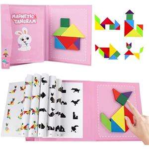 CUVZORA Tangram Magnetico, giochi di apprendimento per bambini Reisespiele für unterwegs, gioco magnetico con 96 motivi, puzzle magnetico in legno per bambini sopra i 3 anni, creativo e sicuro (rosa)