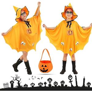 Tuofang Mantello per Halloween Bambini, Costumi di Halloween Strega, Costume Pipistrello Bambina, Zucca Mantello con Cappello, Zucca Candy Bag, per 90-150cm Bambini Halloween Carnevale Cosplay Party (Giallo)