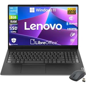 Lenovo, Notebook Pc Portatile, Display 15,6 Full HD, Intel N4500 2 Core Fino a 2.8 Ghz, Ram 8 GB DDR4, 256 GB SSD NVMe, Win 11 Pro, Pronto all'uso con Libre Office + Mouse