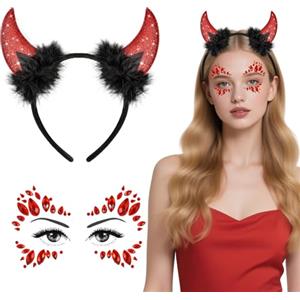 YUYWWAN Set di Cerchietto Diavolo Corna da Donna, Corna da Diavolo Rosse e Epietre Glitterate Adesivi Viso, Accessori Costume per Bambini e Adulti Cosplay Halloween Carnevale (Rosso-B)