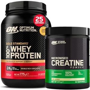 Optimum Nutrition Gold Standard 100% Whey Proteine in Polvere e Aminoacidi Doppio Cioccolato 775g 25 Porzioni + Micronised Creatine Monohydrate Performance Non Aromatizzata 317g 93 Porzioni