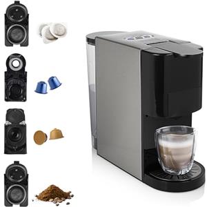 Princess 01.249450.01.001 Caffettiera Multifunzione, Compatibile con capsule Nespresso,Dolce Gusto,cialde ESE e caffè macinato, 19 bar, Nero e argento, 800 ml