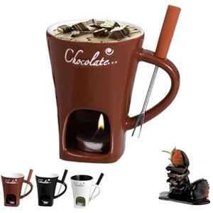 Generico Tazzas per Fonduta al Cioccolato, 200ml Tazzas Sciogliere Il Cioccolato, TazzaIn Ceramica Fonduta Dolce con Forchetta E Candela Tealight, TazzaScaldavivande per Caramelle, Salse, Dessert(A)