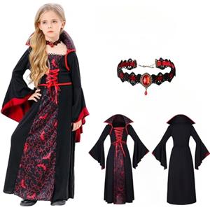FuouYA Costume Vampiro Bambino Con Collana,Vestito Vampiro Bambina,Costume Vampira Bambina,Costume Halloween Ragazza Per Carnevale,Festa A Tema,Dracula, Cosplay Party 140