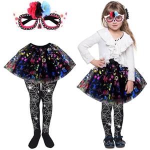 SSKHE Set di 3 costumi da scheletro per bambina, gonna da 30 cm con maschera di calzini, motivi a teschio, costume dell'orrore per bambini, accessori per travestimenti per feste di carnevale