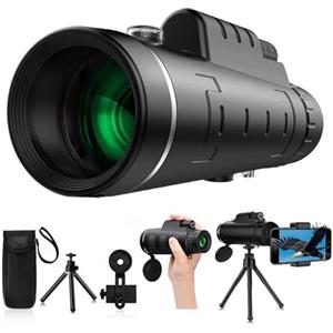 Hperu Telescopio monoculare 40X60 con treppiede e supporto per telefono, messa a fuoco regolabile, visione notturna, cannocchiale tascabile antiscivolo impermeabile per gioco, campeggio, birdwatching - S
