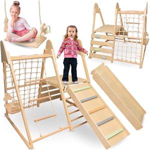 Mamabrum Parco Giochi da Giardino per Bambini 5-in-1 - Struttura in Legno con Scivolo, Altalena, Parete Arrampicata, Rete e Scala - Centro Attività Multifunzionale per Sviluppo Motorio
