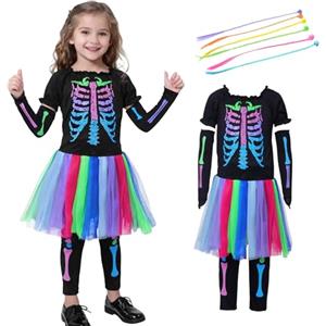 Moerstar Costume Scheletro Halloween Bambina Vestito Scheletro Set con Extension Capelli Colorati Colorate per Halloween Carnevale (M)