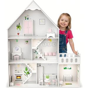 Green series Barbie casa delle bambole in legno grande 118 cm - Gioco per bambini a 3 piani casa delle bambole per bambini con mobili, luce LED, adesivi e accessori - Moderna casa giocattolo in legno regalo a