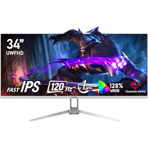 Gawfolk Monitor per computer 34 pollici IPS ultra-wide 120Hz, UWFHD (2560×1080), schermo PC, 128% sRGB, Adaptive Sync, angolo di visione di 178°, HDMI, DisplayPort, VESA 75×75MM - Bianco