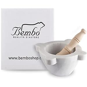 Bembo Qualità d'Autore Mortaio in Marmo Bianco Carrara Bembo con Pestello in Legno di Faggio - Utilizzato per il Vero Pesto alla Genovese - Made in Italy - Modello Genovese (cm 14)