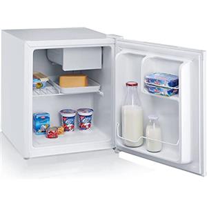 SEVERIN KS 9827 Mini frigo 43 L, Frigorifero compatto portatile estremamente silenzioso Classe F, Frigorifero piccolo largo 44 cm con congelatore da 6 L e portabottiglie, Bianco