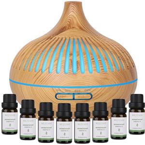 GeeRic Diffusore di Oli Essenziali 500 ML, GeeRic 8*10ML Oli Essenziali+Ultrasuoni Umidificatore Purificatore d'Aria Diffusore di Aromi Nebulizzatore per Oli Profumati 7 Color LED per Casa Yoga Spa Marrone