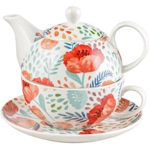 Baroni Home Teiera in Porcellana Decorata, Fantasia Papaveri, Set Teriera con coeprchio Tazza e Piattino, Tazza Tea for One, 16X15X14 cm