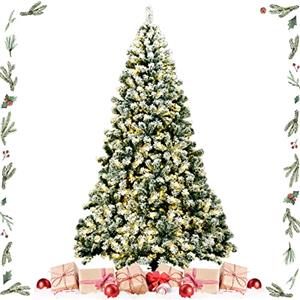 GYMAX Albero di Natale Slim Illuminato 230cm, 550 LED Incorporate Calda Bianca, 1346 Rami Innevati, Supporto Pieghevole in Metallo, Divisibile per Montaggio e Trasporto, per Casa Ufficio Negozio