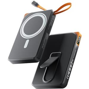 Ntaanoo Powerbank Magsafe,10000mAh Power Bank Ricarica Rapida 22.5W a Cavo Integrato,Caricatore Portatile Magnetico con Display LED & Stand, Wireless Batteria Esterna per iPhone 17/16/15/14/13/12/ Serie, Nero