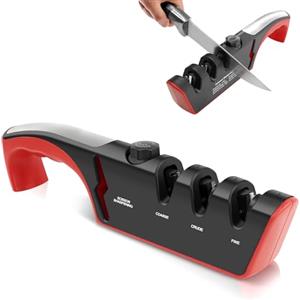 Vonsera Affilacoltelli Professionale 4 in 1, Affila Coltelli da Cucina per L'uso Manuale Manico Ergonomico e Base Antiscivolo per Affilare Coltelli da Cucina Forbici