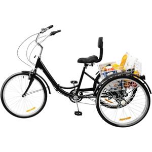 chennnls Triciclo per adulti, 24 pollici, 7 marce, 3 ruote, pieghevole e regolabile, con cestino della spesa e sedile posteriore, bicicletta da carico per anziani/donne/City Tricycle (nero)