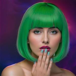 PORSMEER, Parrucca corta a caschetto liscia, per donne e ragazze, capelli sintetici con frangia, per Cosplay e feste in costume, resistente al calore, colore verde fluo