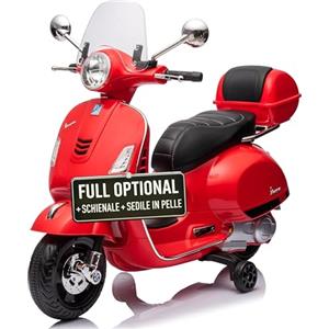 TOYSCAR Moto Elettrica per Bambini 12V Licenza Ufficiale Vespa Piaggio Modello GTS Super, Luci LED MP3 Sedile in Pelle Bauletto (Rossa)