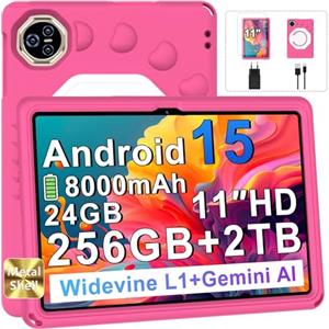 Dghrti 2026 Tablet Android 15 Con EVA Silicone Custodia Protettiva, 24GB+256GB/2TB, Bambini tablet 11 Pollici Octa-Core, Gemini AI/Widevine L1, 8000 mAh, 13MP+5MP, Corpo Metallo, Tableta Grande-Rose
