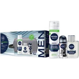 NIVEA MEN Sensitive Kit - Set Regalo con Schiuma da Barba 200 ml, Balsamo Dopobarba 100 ml, Deodorante Black & White 50 ml e Travel Bag Inclusa