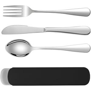 HOTUT 3 Pezzi Posate Da Campeggio Kit con Borsa Portaoggetti, Set di Posate Acciaio Inox, Finitura Lucida Lavabili in Lavastoviglie, Posate Da Viaggio in Argento con Cucchiaio Forchetta Coltello