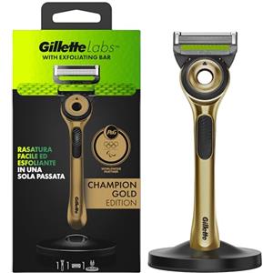 Gillette Labs Rasoio Barba Manuale con Barra Integrata, Base Magnetica, Edizione Oro e Lametta di Ricambio