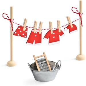 YAJIMAOY Porta Degli Elfi di Natale, Stendibiancheria con Gnomo in Miniatura, Accessori per Porta Gnomo Natalizio con Vestiti, Secchio, Mollette, Lavatoio in Legno, Accessori Casa Delle Bambole