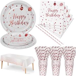 Nkaiso Compleanno Stoviglie per feste Carta Rosa Oro 121 Pezzi Carta Set Include Piatti Tovaglioli Tazze Forniture per la Decorazione di feste -24 Ospiti
