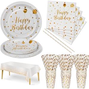 Nkaiso Compleanno Stoviglie per feste Bianco Oro 121 Pezzi Carta Set Include Piatti Tovaglioli Tazze Forniture per la Decorazione di feste -24 Ospiti