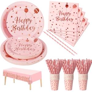 Nkaiso Compleanno Stoviglie per feste Rosa e Rosa Oro 121 Pezzi Carta Set Include Piatti Tovaglioli Tazze Forniture per la Decorazione di feste -24 Ospiti