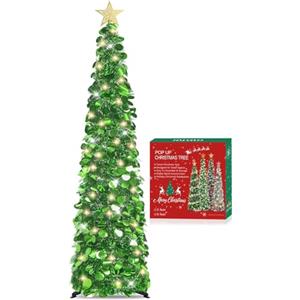 HMASYO Albero di Natale Artificiale Sottile 150cm a Paillettes Luccicante con Luci Integrate e Timer, Montaggio Istantaneo, Pieghevole - Decorazione per Interni Casa, Appartamento, Veranda, Feste