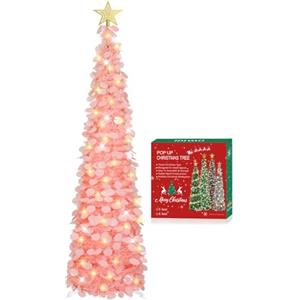 HMASYO Albero di Natale Artificiale a Paillettes Rosa Luminoso 150cm (1.5m) Sottile con Luci Integrate e Timer, Montaggio Istantaneo - Decorazione per Interni Casa, Appartamento, Veranda, Feste