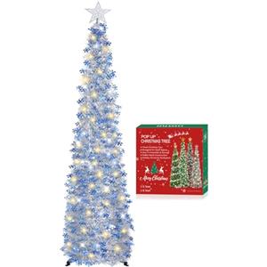 HMASYO Albero di Natale Artificiale Sottile 150cm a Paillettes Luccicante con Luci Integrate e Timer, Montaggio Istantaneo, Pieghevole - Decorazione per Interni Casa, Appartamento, Veranda, Feste