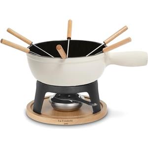 La Fonderie 1890 H.Koenig Set per Fonduta in ghisa Mont Blanc per 6 Persone, fonduta di Formaggio e Cioccolato, 6 forchette con Manici in Legno di faggio, Base in Legno Naturale, capacità 1,8 L