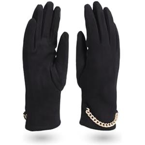 QUEEN HELENA Guanti Invernali Scamosciati con Catena Casual Donna G22-5 (Taglia Unica, Nero)